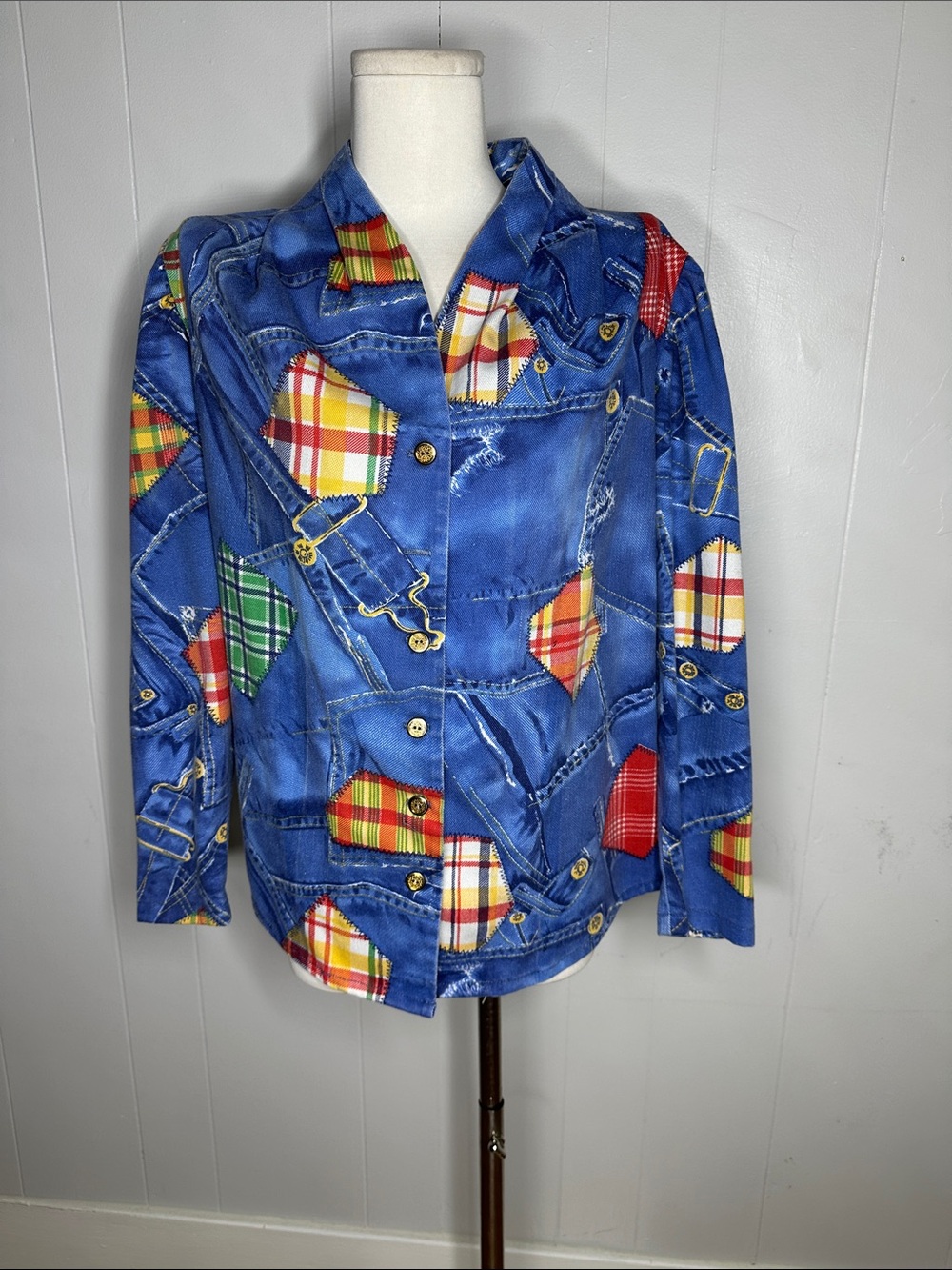 Vintage 1970s Cotton Printed Denim Patchwork Button Up Blouse